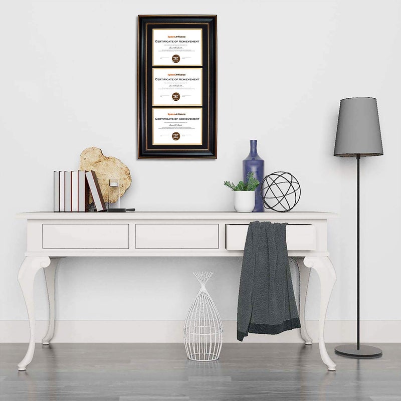 Space Art Deco, 14x29 Triple/Three Certificates Frame with Black Over Gold Double Mat for (3) 8.5x11 Diplomas/Degrees, Sawtooth Hangers Real Glass Wall Mounting (Ornate Gold/Black) - Image 2